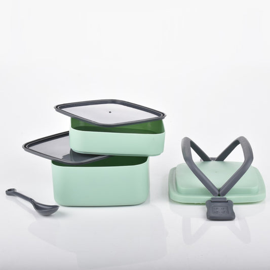 Green Double Layer Portable Lunch Box with Carrying Handle and Spoon 2 Compartment Stackable Tiffin Box for Kids School Office Travel and Daily Meals (1 Pc)