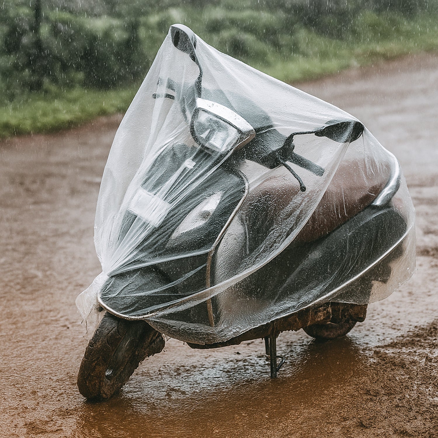 Disposable Plastic Activa Cover – Big Size Dustproof and Waterproof Bike Cover for Rain Protection – Transparent One-Time Use Scooter Cover for Outdoor Parking, Monsoon and Travel Use (1 Pc)