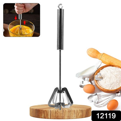 Stainless Steel Push Egg Whisk and Hand Blender – Manual Egg Beater, Milk Frother and Kitchen Mixing Tool