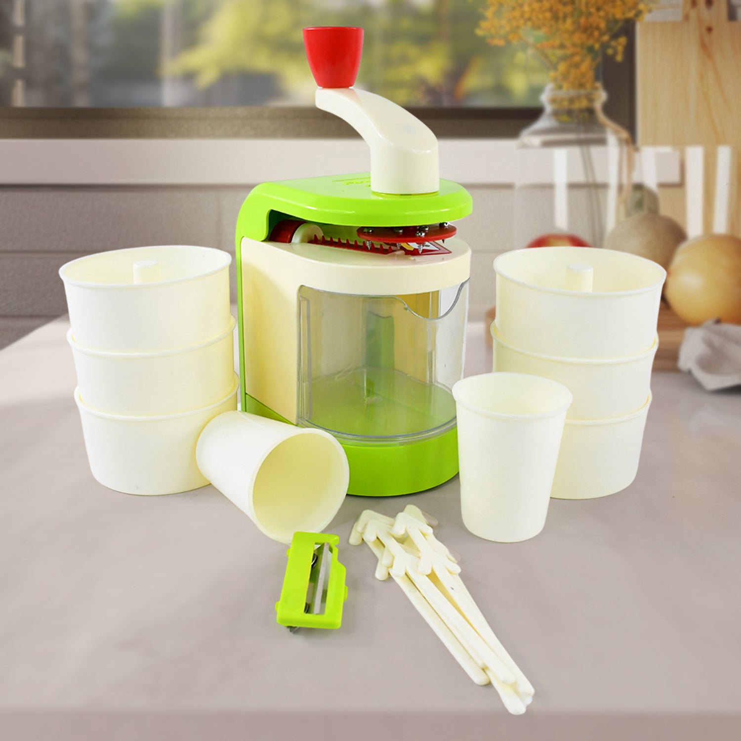 Manual Ice Snow Maker and Spiral Vegetable Cutter with Stainless Steel Dual Blades and Vacuum Base (1 Set)