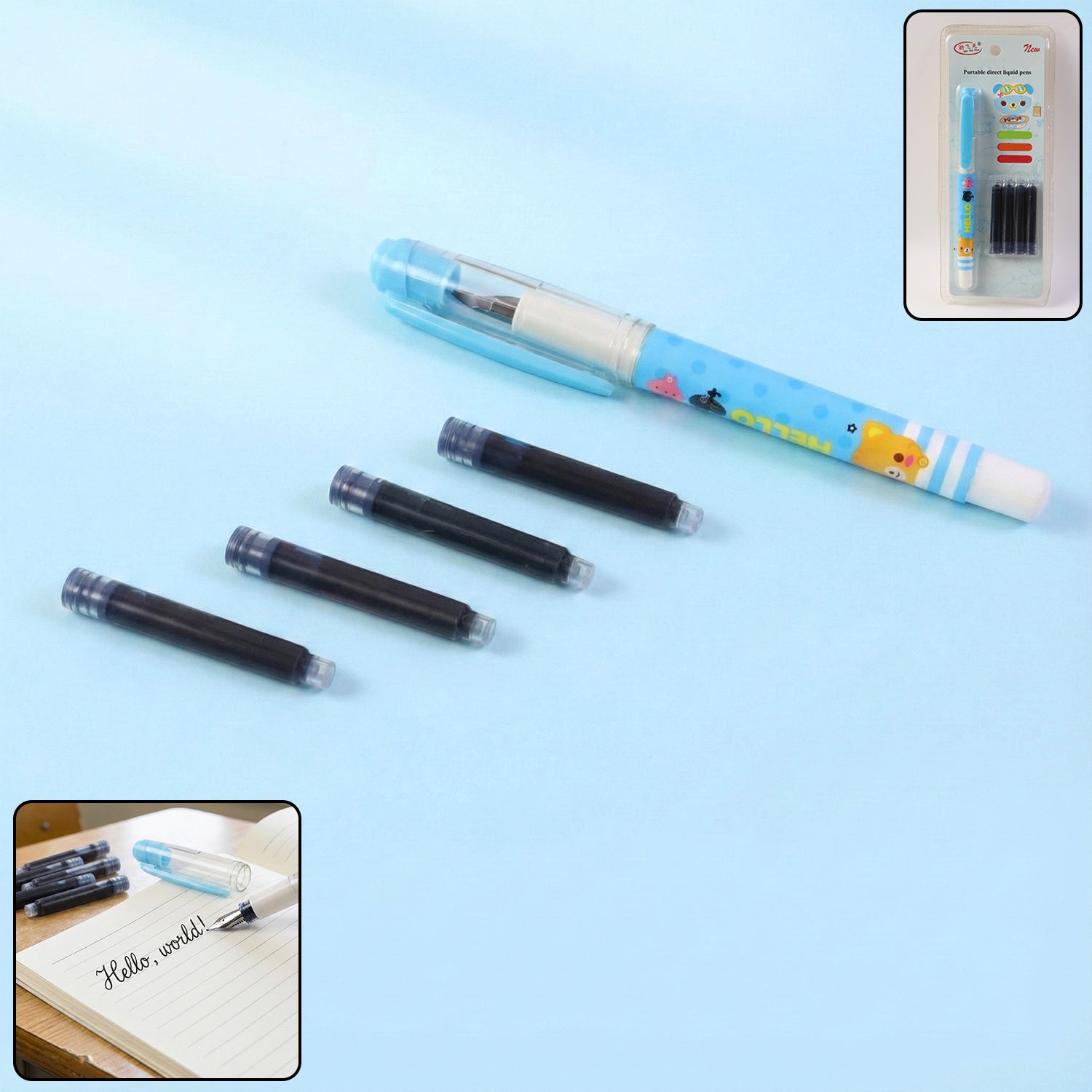 Cute Cartoon Liquid Ink-Pen Set with Refillable Ink Cartridges, Smooth Writing Fountain-Style Pen (1 Set)