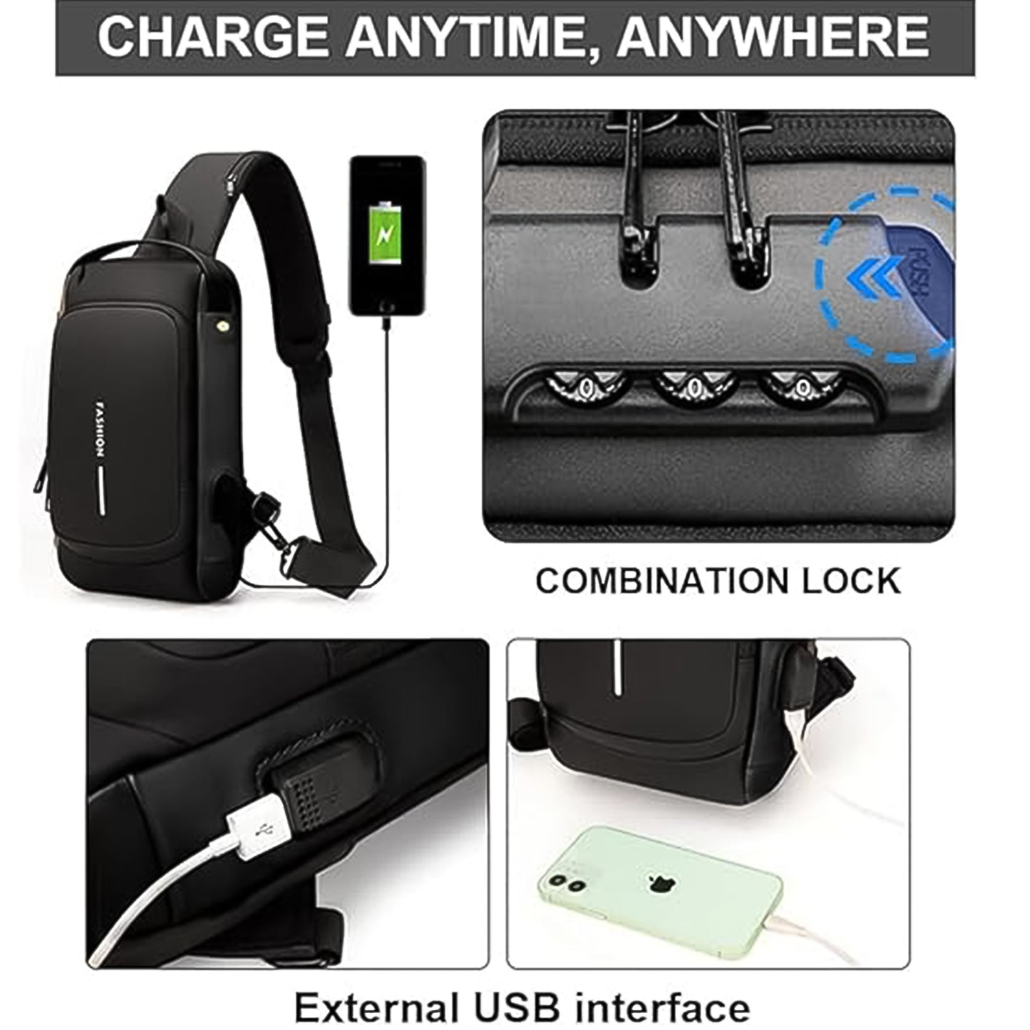 Trendy Anti-Theft Crossbody Sling Bag with USB Charging Port, Combination Lock and Adjustable Strap for Men and Women