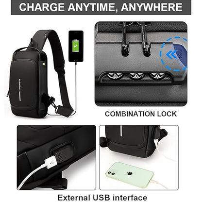 Trendy Anti-Theft Crossbody Sling Bag with USB Charging Port, Combination Lock and Adjustable Strap for Men and Women