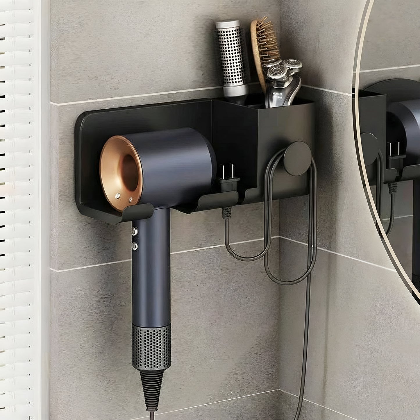 Wall Mounted Hair Dryer Holder With Multipurpose Organizer Shelf And Hook
