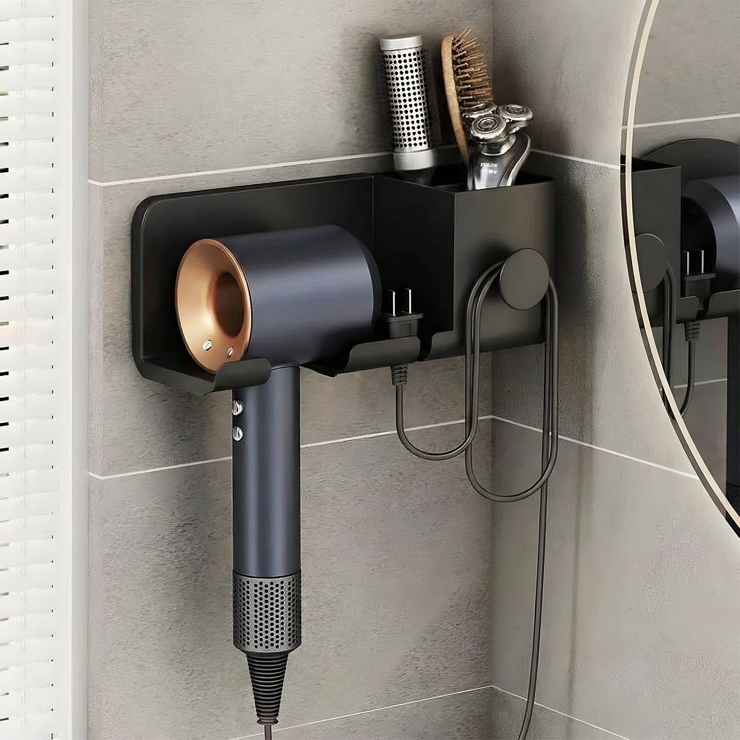 Wall Mounted Hair Dryer Holder With Multipurpose Organizer Shelf And Hook