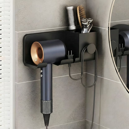 Wall Mounted Hair Dryer Holder With Multipurpose Organizer Shelf And Hook