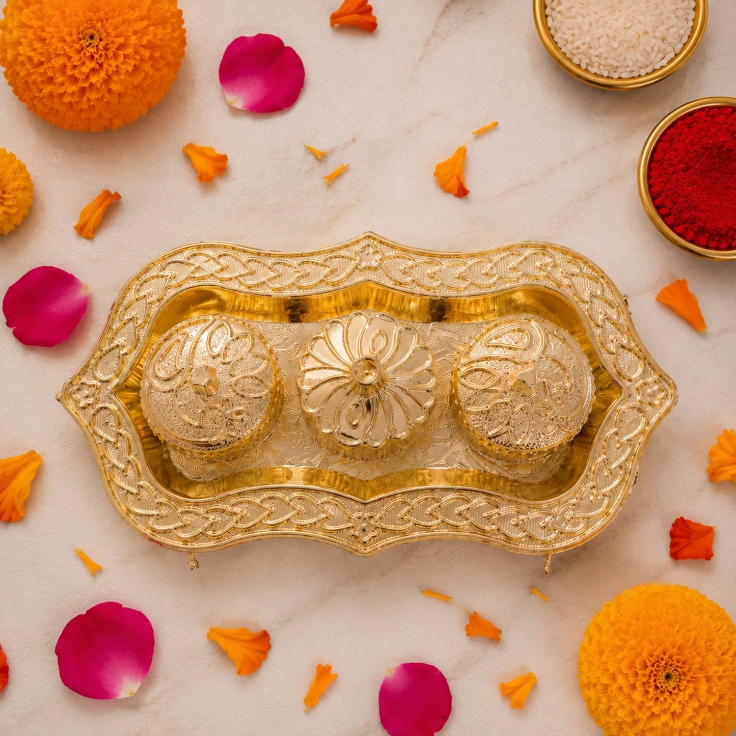 Triveni Kankavati Kumkum Holder, Decorative Golden 3 Compartment Roli Chawal Haldi Box for Puja, Tilak, Home Temple and Festive Rituals (1 Pc)