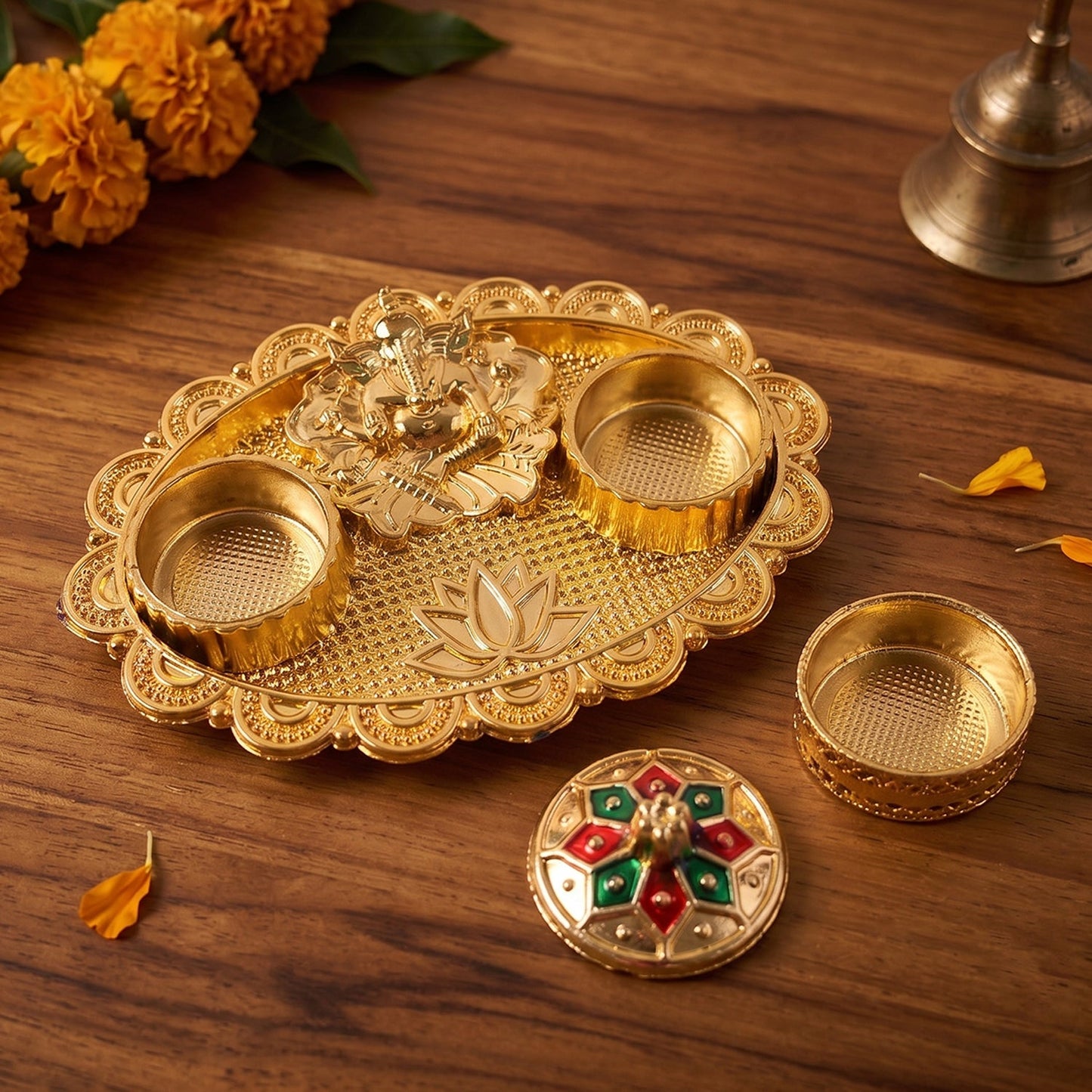 Ganesh Meenakari Kumkum Holder Golden Metal Oval Kankavati with Double Compartments for Kumkum Haldi Roli Chandan and Akshat (1 Pc)