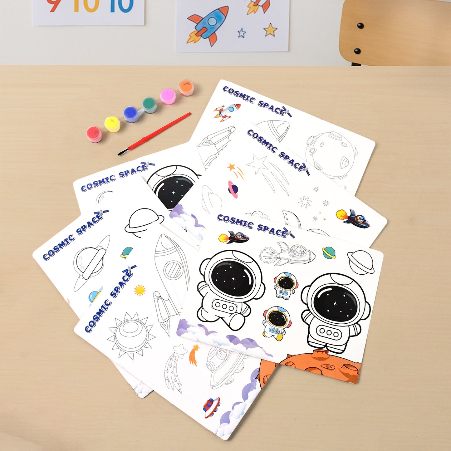 Cosmic Space Theme Kids Painting and Coloring Kit – DIY Educational Art Set with Coloring Sheets, Non-Toxic Paints and Brush