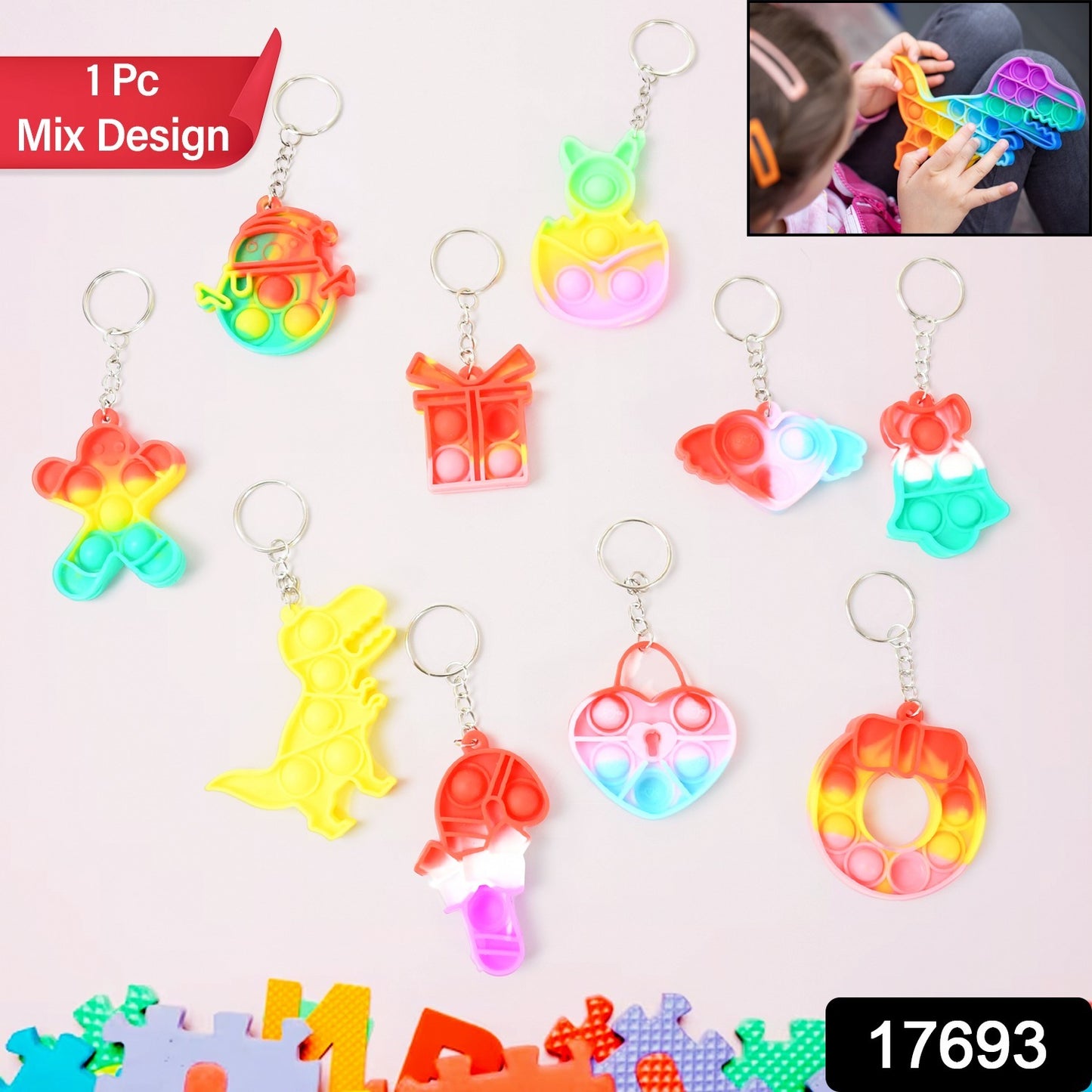 Silicone Pop It Keychain Fidget Toy Portable Bubble Popper Stress Relief Keyring for Kids Random Design (1 Pc)
