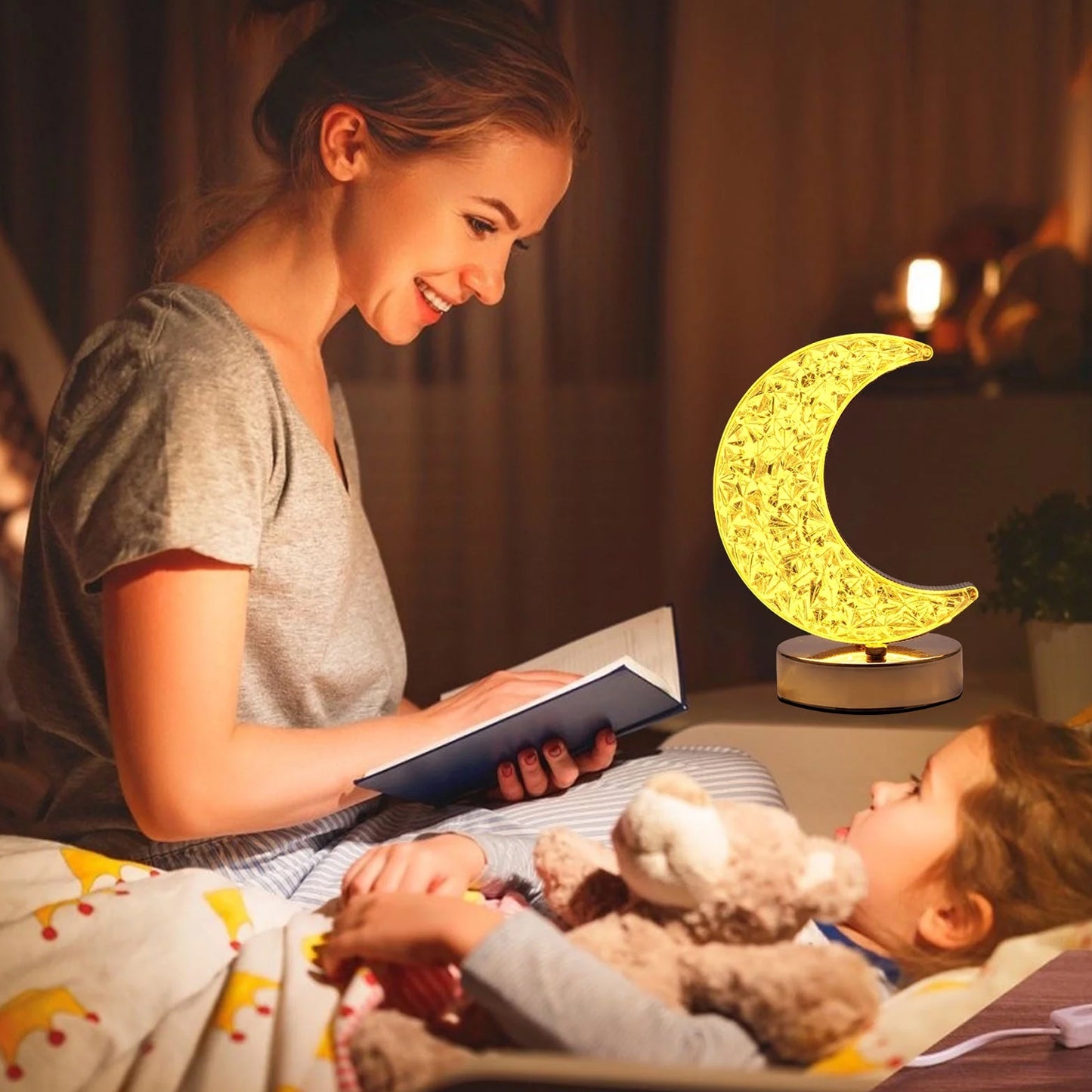 Crystal Moon Shape LED Table Lamp with Touch Control USB Rechargeable 3 Color Stepless Dimming Bedside Night Light for Bedroom Living Room and Home Decor (1 Piece)