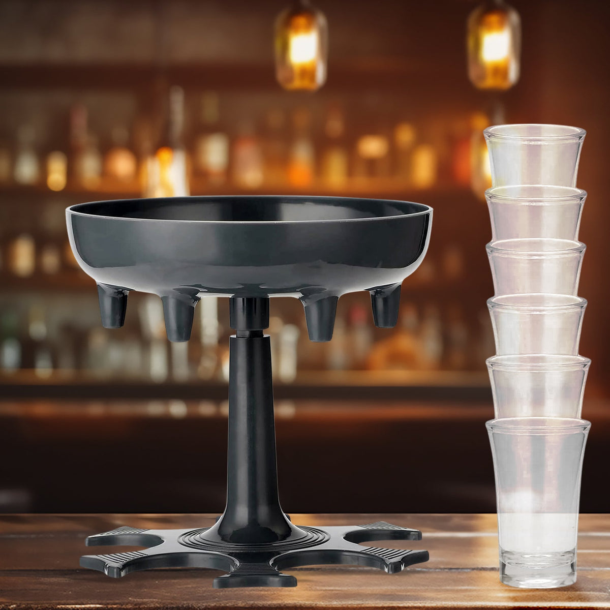 6-Shot Glass Drink Dispenser Rack with 6 Shot Glasses, ABS Plastic Liquor Pouring Stand for Home Bar, Parties, Weddings and Celebrations (1 Set)