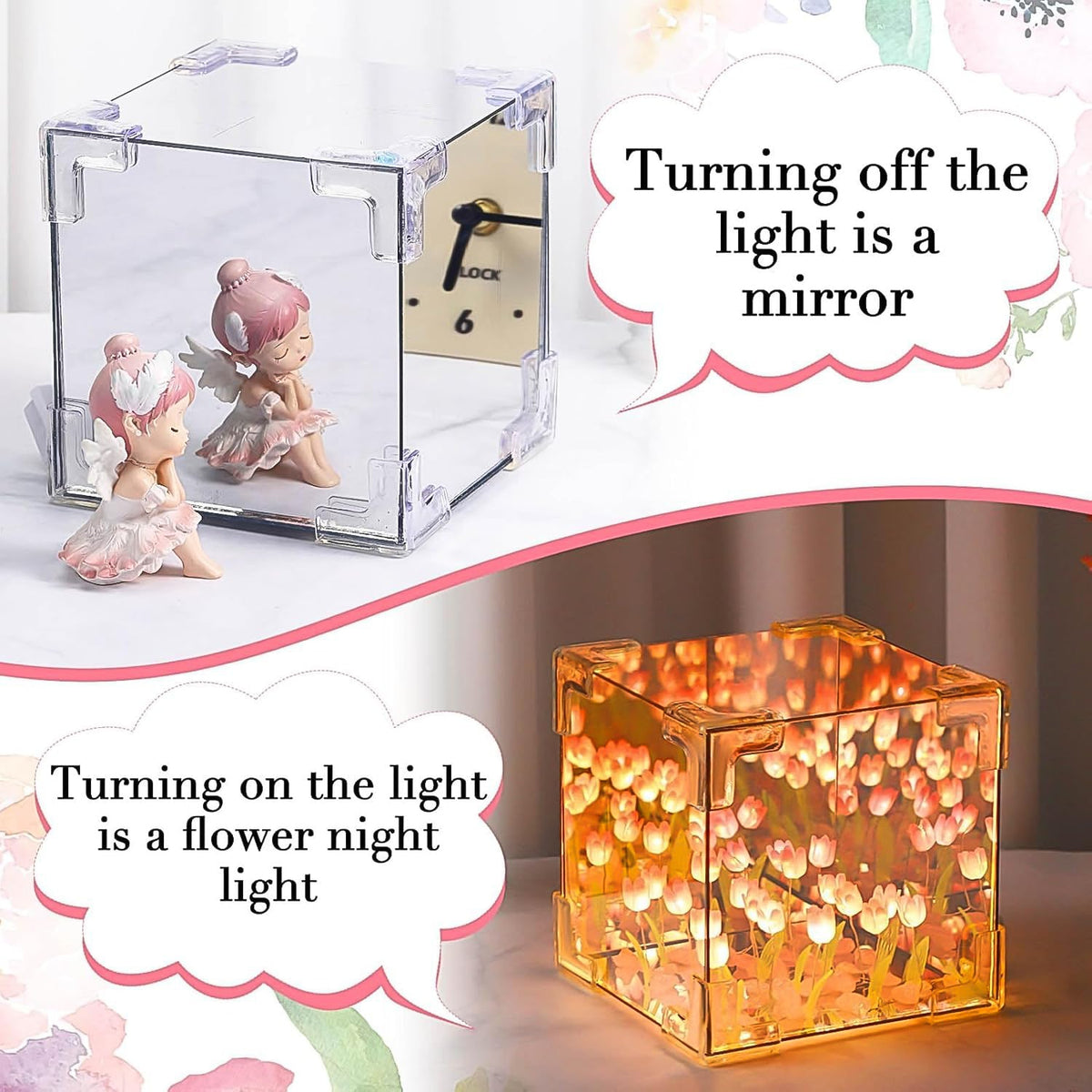 Cube Tulip Night Lamp | 2-in-1 Mirror & LED Decorative Table Lamp (Multicolor) Mirror by day. Magical tulip garden by night.