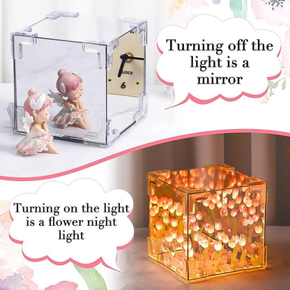 Cube Tulip Night Lamp | 2-in-1 Mirror & LED Decorative Table Lamp (Multicolor) Mirror by day. Magical tulip garden by night.
