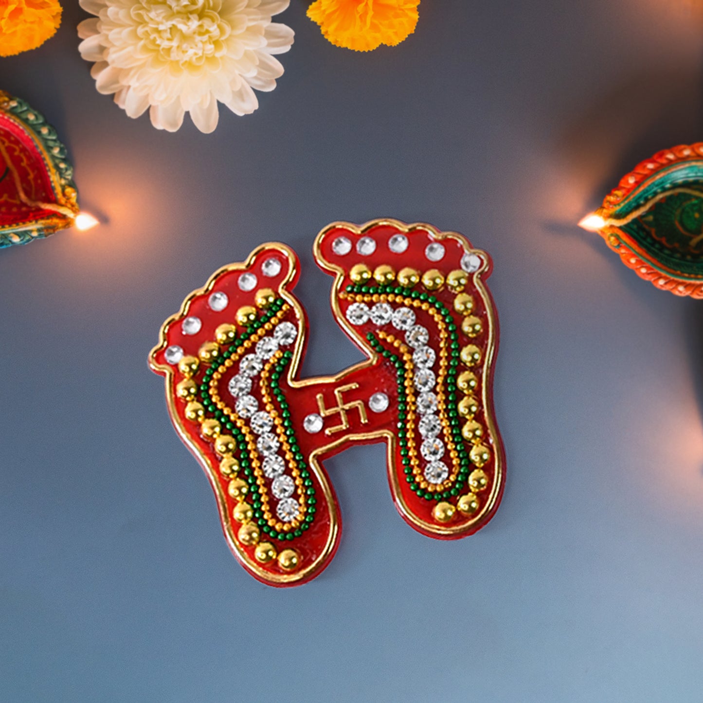 Decorative Lakshmi Charan Paduka Sticker Set with Bead and Stone Work for Diwali, Pooja, Home, Temple, Floor and Wall Decoration Pack of 2