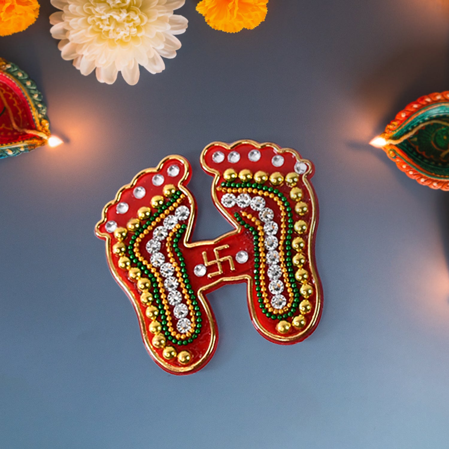Decorative Lakshmi Charan Paduka Sticker Set with Bead and Stone Work for Diwali, Pooja, Home, Temple, Floor and Wall Decoration Pack of 2