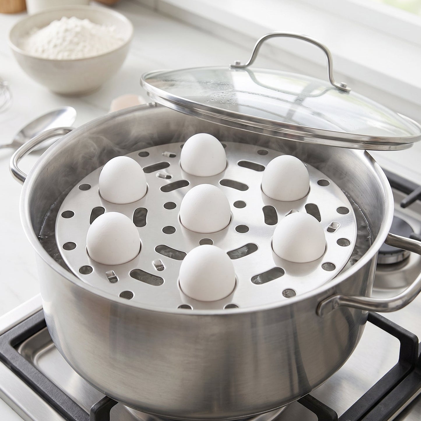 Stainless Steel Round Egg Steamer Rack Folding Trivet Stand for Steaming Eggs, Vegetables, Fish, Momos and Dumplings (1 Pc)
