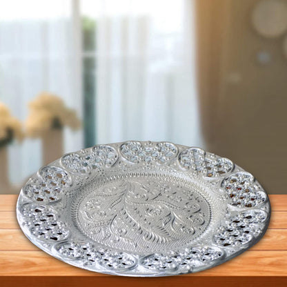 Silver Plated Swastik Pooja Thali Set Glossy Puja Thali for Diwali, Raksha Bandhan, Temple, Festivals and Gifting (9 Inch)