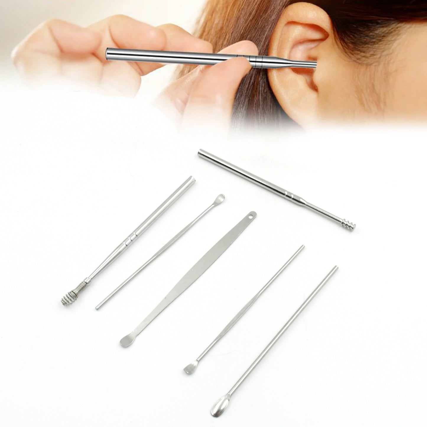 6 Pc Stainless Steel Ear Wax Removal Kit with Keychain Holder Reusable Ear Cleaning Tool Set for Travel Home and Personal Care