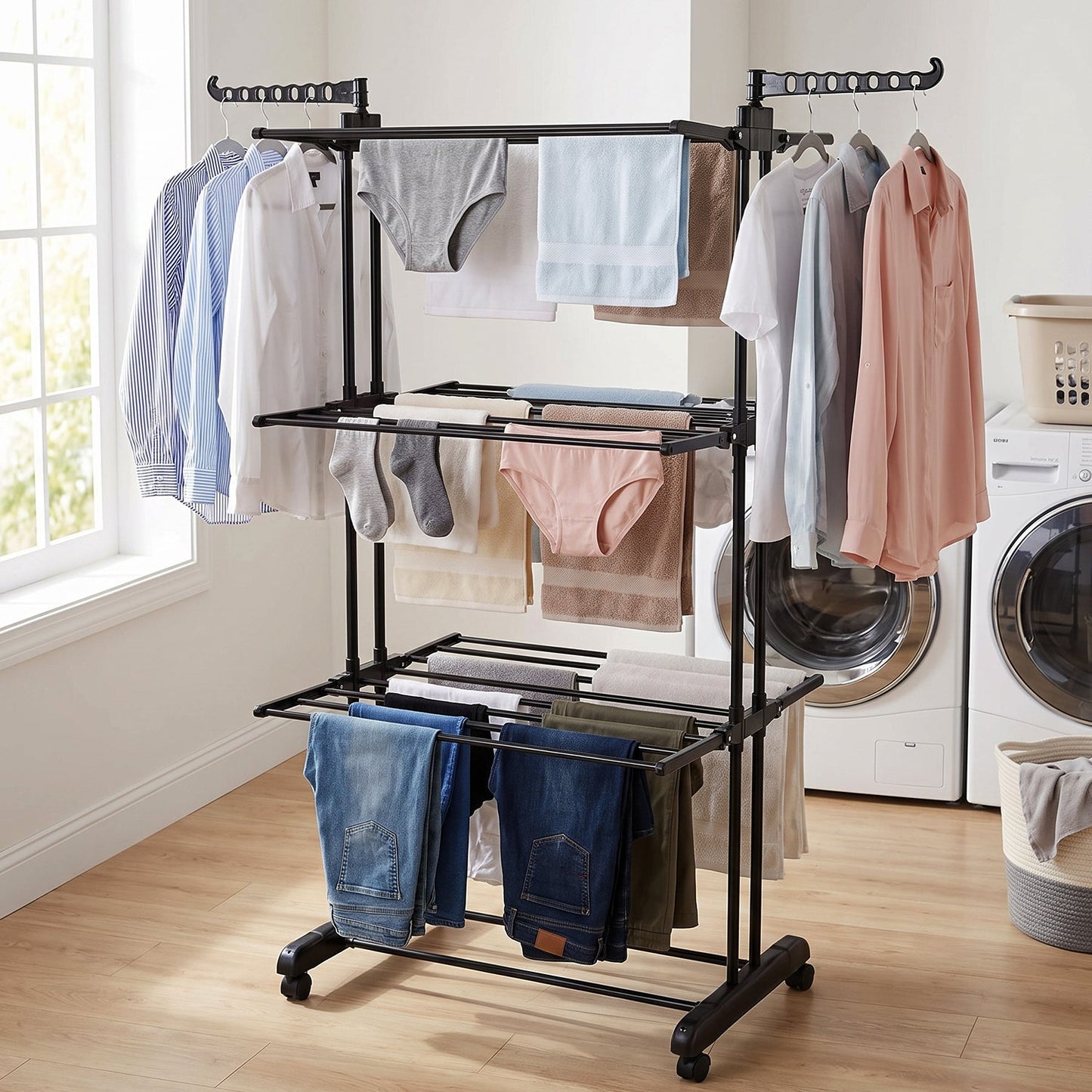 Metal Expandable Garment Rack 3 Layer Cloth Drying Stand with Wheels Foldable Laundry Rack Side Hangers for Indoor Outdoor Balcony Home (1 Pc)