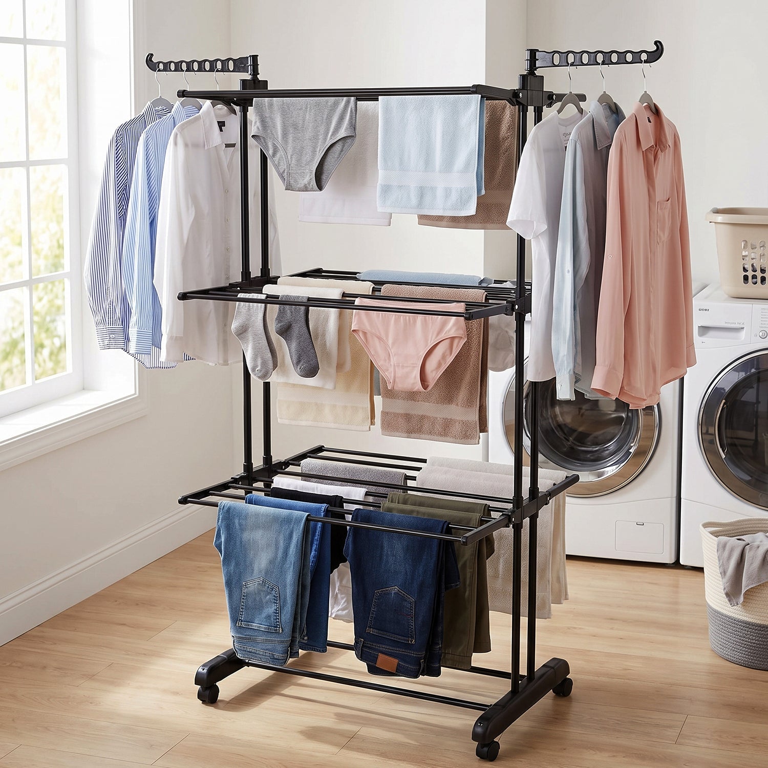 Metal Expandable Garment Rack 3 Layer Cloth Drying Stand with Wheels Foldable Laundry Rack Side Hangers for Indoor Outdoor Balcony Home (1 Pc)