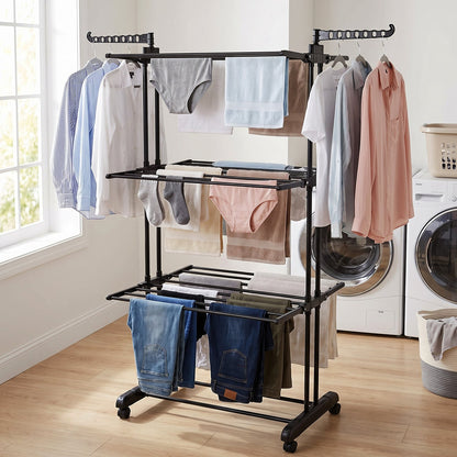 Metal Expandable Garment Rack 3 Layer Cloth Drying Stand with Wheels Foldable Laundry Rack Side Hangers for Indoor Outdoor Balcony Home (1 Pc)