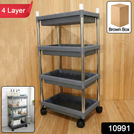 4-Layer Rolling Storage Cart with Wheels – Durable Plastic Organizer with Stainless Steel Frame for Kitchen, Bathroom, Office & Home | 1 Set