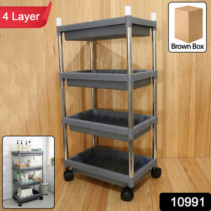 4-Layer Rolling Storage Cart with Wheels – Durable Plastic Organizer with Stainless Steel Frame for Kitchen, Bathroom, Office & Home | 1 Set