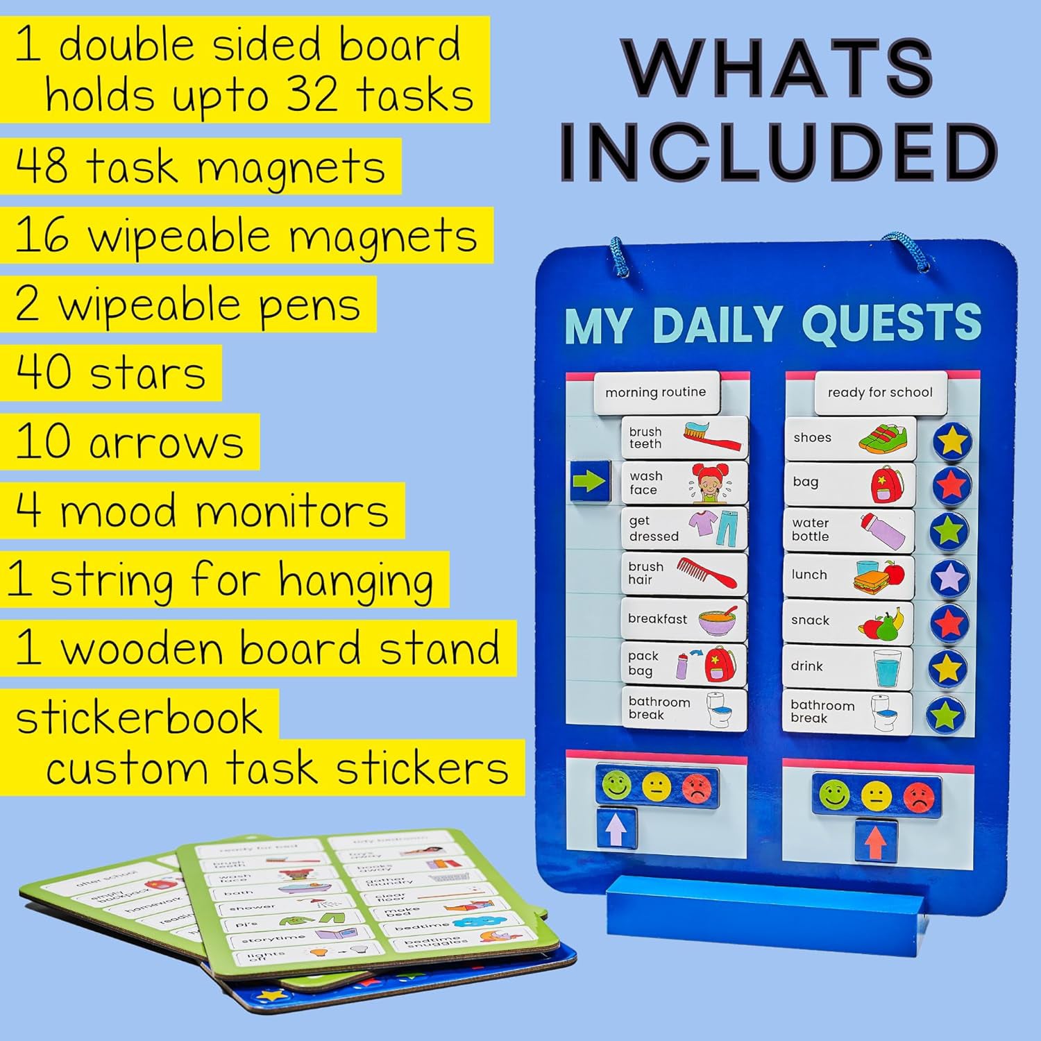 Daily Routine Chart for Kids with Magnetic Board, Sticker Book and Activity Cards – Educational Habit Tracker Set with Dry Erase Markers – My Daily Quests Learning Kit