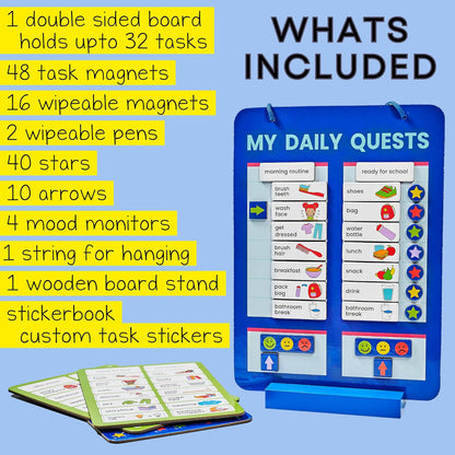 Daily Routine Chart for Kids with Magnetic Board, Sticker Book and Activity Cards – Educational Habit Tracker Set with Dry Erase Markers – My Daily Quests Learning Kit