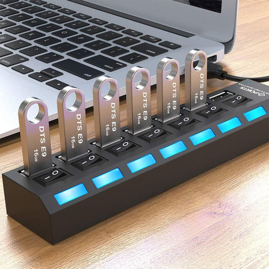 USB Splitter Multi Port USB 2.0 Hub – 7 Port Data Hub with Individual On/Off Switch & LED Indicators
