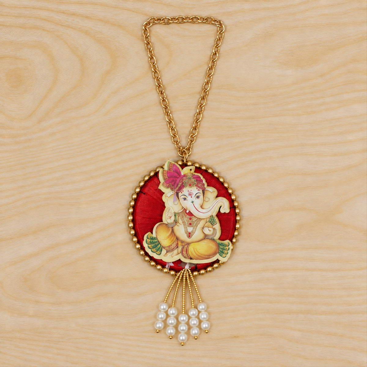 Ganesh Car Hanging Ornament With Decorative Chain And Bead Tassels For Home Decor (1 Pc)