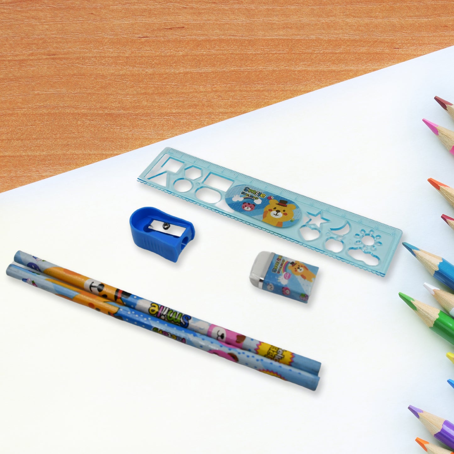 Kids Cartoon Stationery Kit – 6 Pieces School Supplies Set with Pencils, Notebook, Scale, Eraser, Sharpener and Zip Bag – Birthday Return Gift for Kids