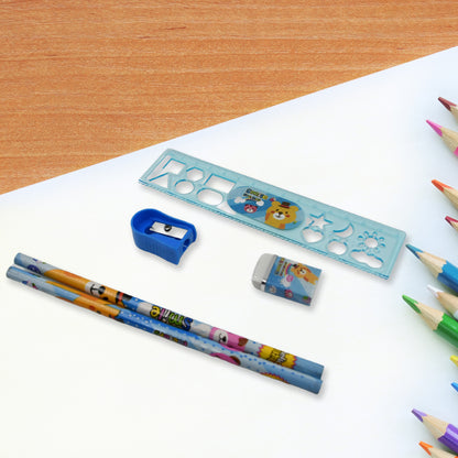 Kids Cartoon Stationery Kit – 6 Pieces School Supplies Set with Pencils, Notebook, Scale, Eraser, Sharpener and Zip Bag – Birthday Return Gift for Kids