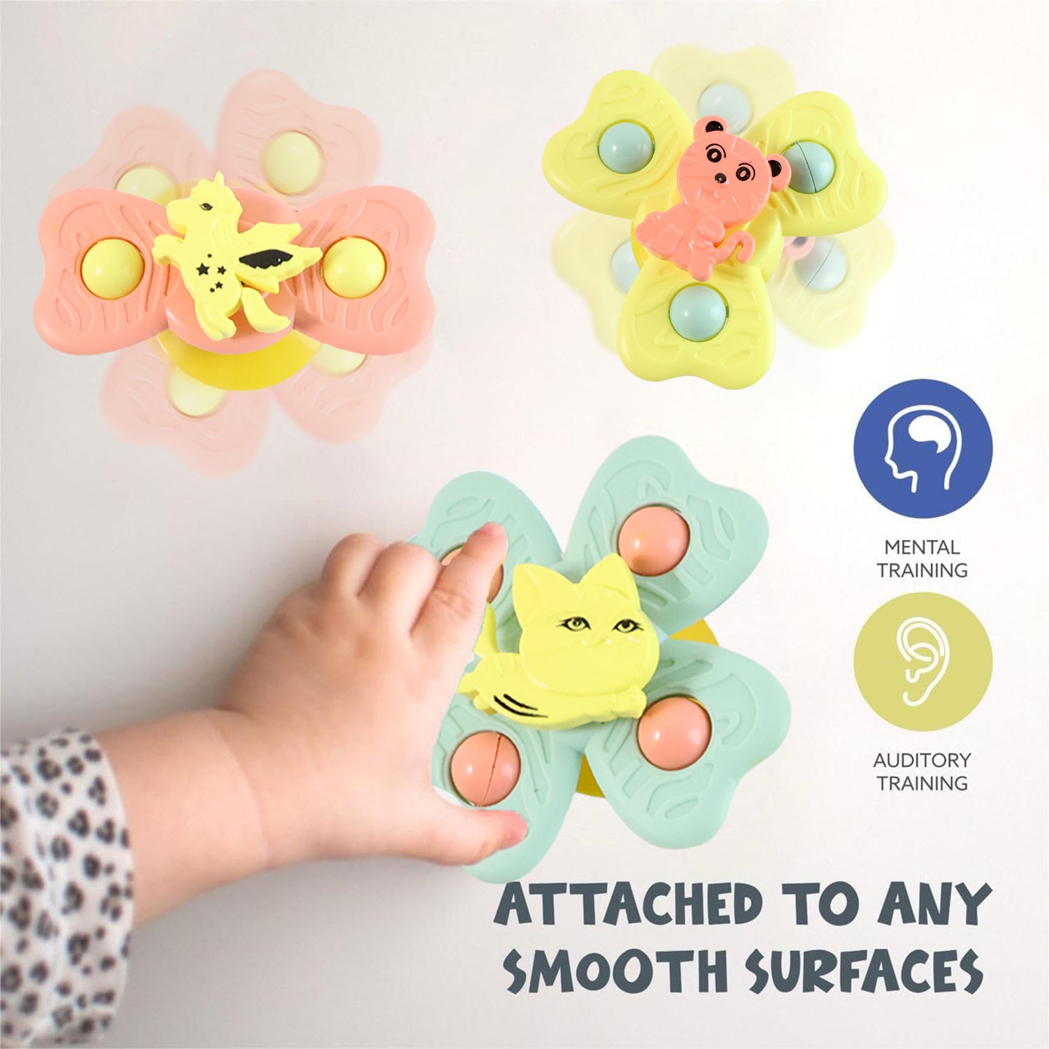BuzzyBaby Spinner Toy Set – Suction Cup Spinning Toys for Sensory Development, Tummy Time Play &; Early Learning Stimulation (3 Pc Set)