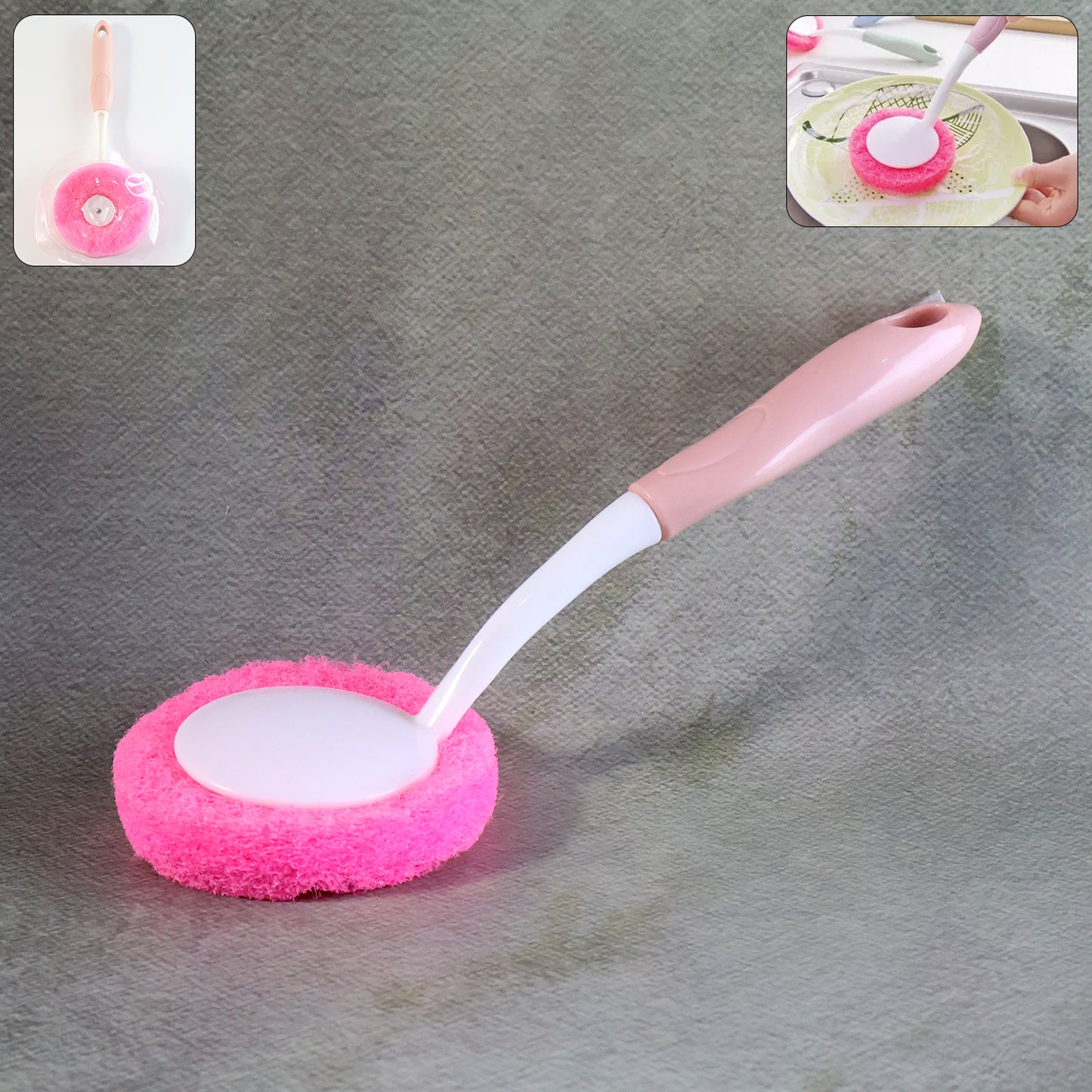 Long Handle Kitchen Dish Scrubber Brush with Soft Round Sponge Head – Ergonomic Non-Slip Grip, Strong Yet Gentle Cleaning for Plates, Pans, Bottles and Sink – Quick-Dry Hanging Hole, Durable Plastic Handle (1 Pc)