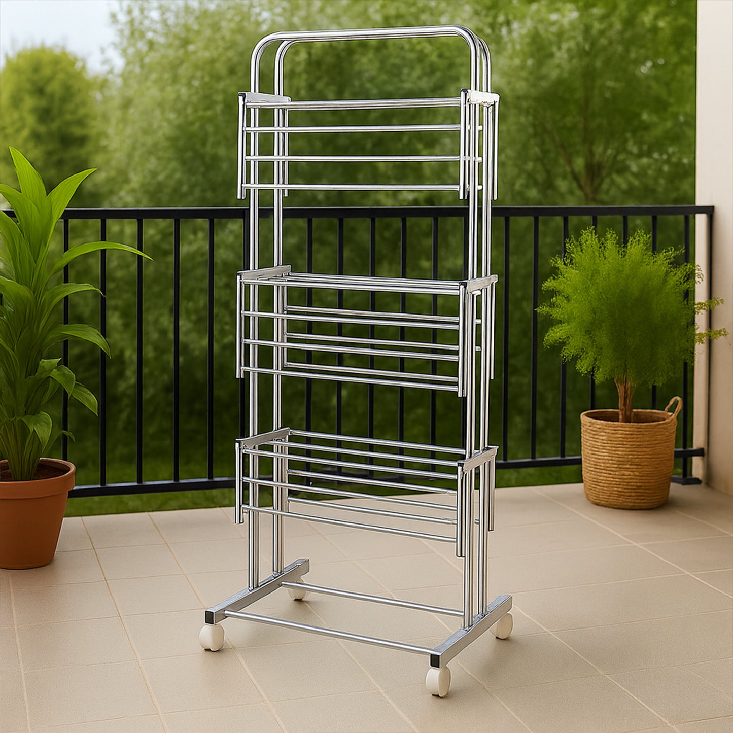 3 Layer Foldable Stainless Steel Cloth Drying Stand with Wheels Heavy Duty Laundry Drying Rack for Clothes Towels Linens Indoor Outdoor Balcony Use (1 Pc)