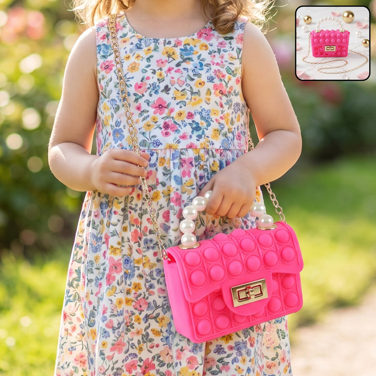 Kids Pop It Fidget Purse Silicone Push Bubble Sling Bag with Pearl Handle and Chain Strap Cute Mini Handbag for Girls Party Gift (1 Pc)