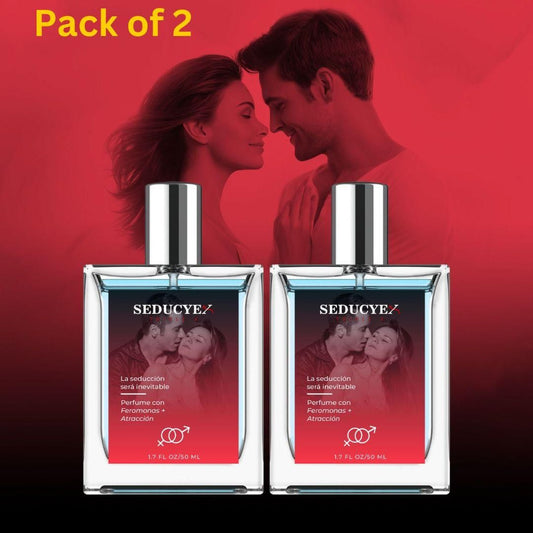 Two Seducy perfume bottles with a romantic couple on a red background