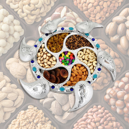 Multipurpose 7 Compartment Rotating Dry Fruit Serving Tray with Lid for Snacks, Candy, Chocolate, Namkeen and Masala Storage (1 Pc)