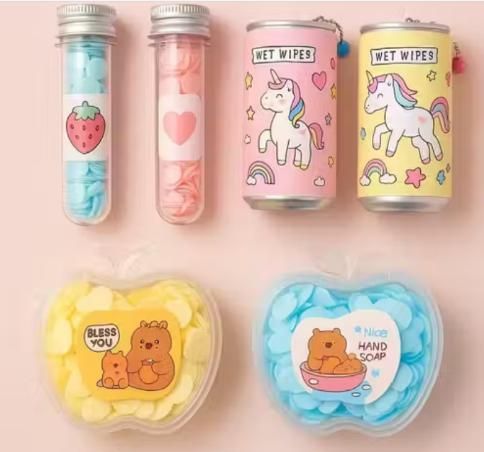 Combo of 6 Wet Wipes Can & Paper Soap Set – Portable Travel Hygiene Kit with Assorted Mini Wipes Cans and Disposable Paper Soap Sheets