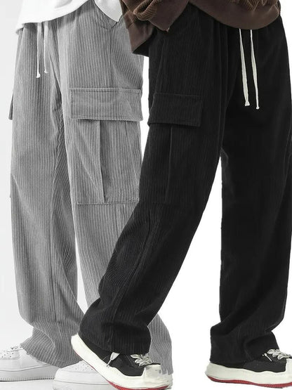 Men's Corduroy Cargo Pants Pack of 2 | Cotton Blend Solid Casual Trousers with Multiple Pockets | Comfortable Regular Fit for Men