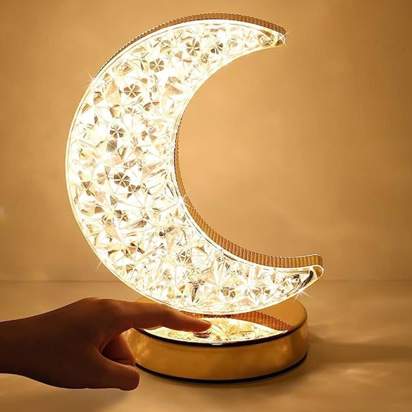 Crystal Moon Shape LED Table Lamp with Touch Control USB Rechargeable 3 Color Stepless Dimming Bedside Night Light for Bedroom Living Room and Home Decor (1 Piece)