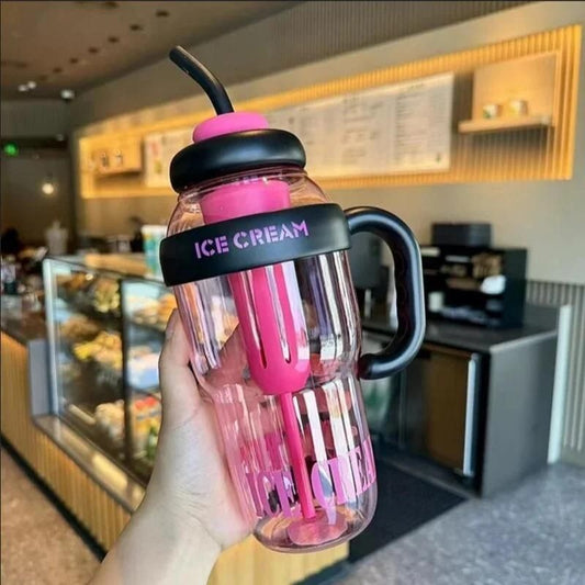 Large Capacity (1300ML) Cute Ice Cream Themed Water Bottle with Handle, Straw & Fruit Infuser – Leakproof Sipper for Kids & Adults