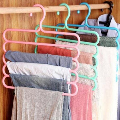 5 in 1 Multipurpose Plastic Hanger Space Saving Trousers Pants Organizer with 5 Layer Hanging Rack for Jeans Belts Ties Scarves and Wardrobe Storage (1 Pc)
