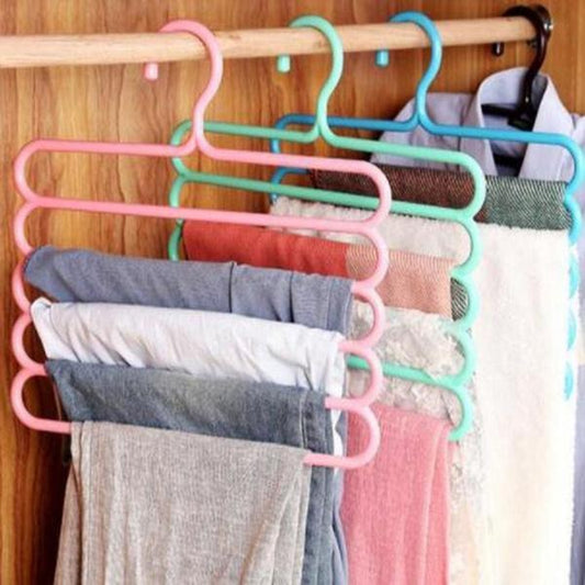 5 in 1 Multipurpose Plastic Hanger Space Saving Trousers Pants Organizer with 5 Layer Hanging Rack for Jeans Belts Ties Scarves and Wardrobe Storage (1 Pc)