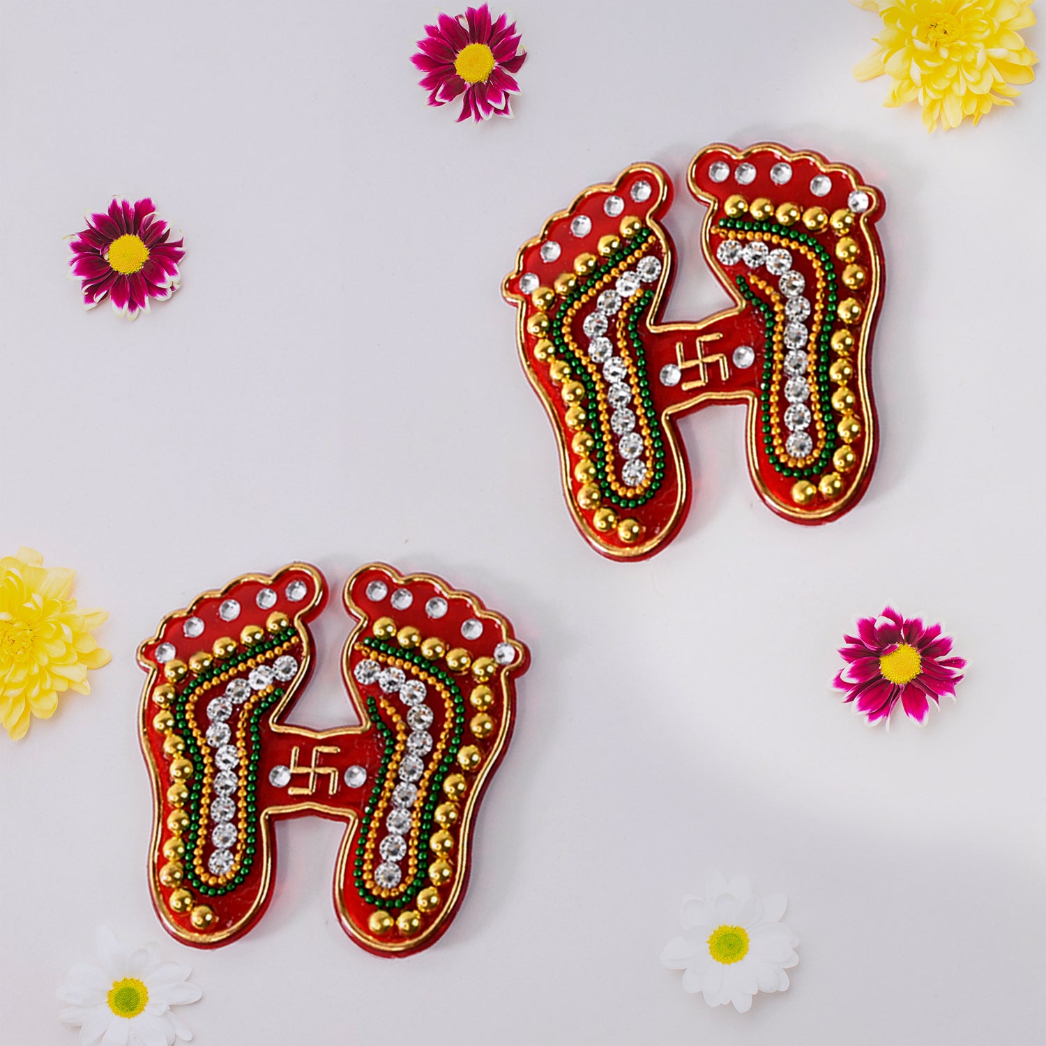 Decorative Lakshmi Charan Paduka Sticker Set with Bead and Stone Work for Diwali, Pooja, Home, Temple, Floor and Wall Decoration Pack of 2