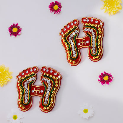 Decorative Lakshmi Charan Paduka Sticker Set with Bead and Stone Work for Diwali, Pooja, Home, Temple, Floor and Wall Decoration Pack of 2