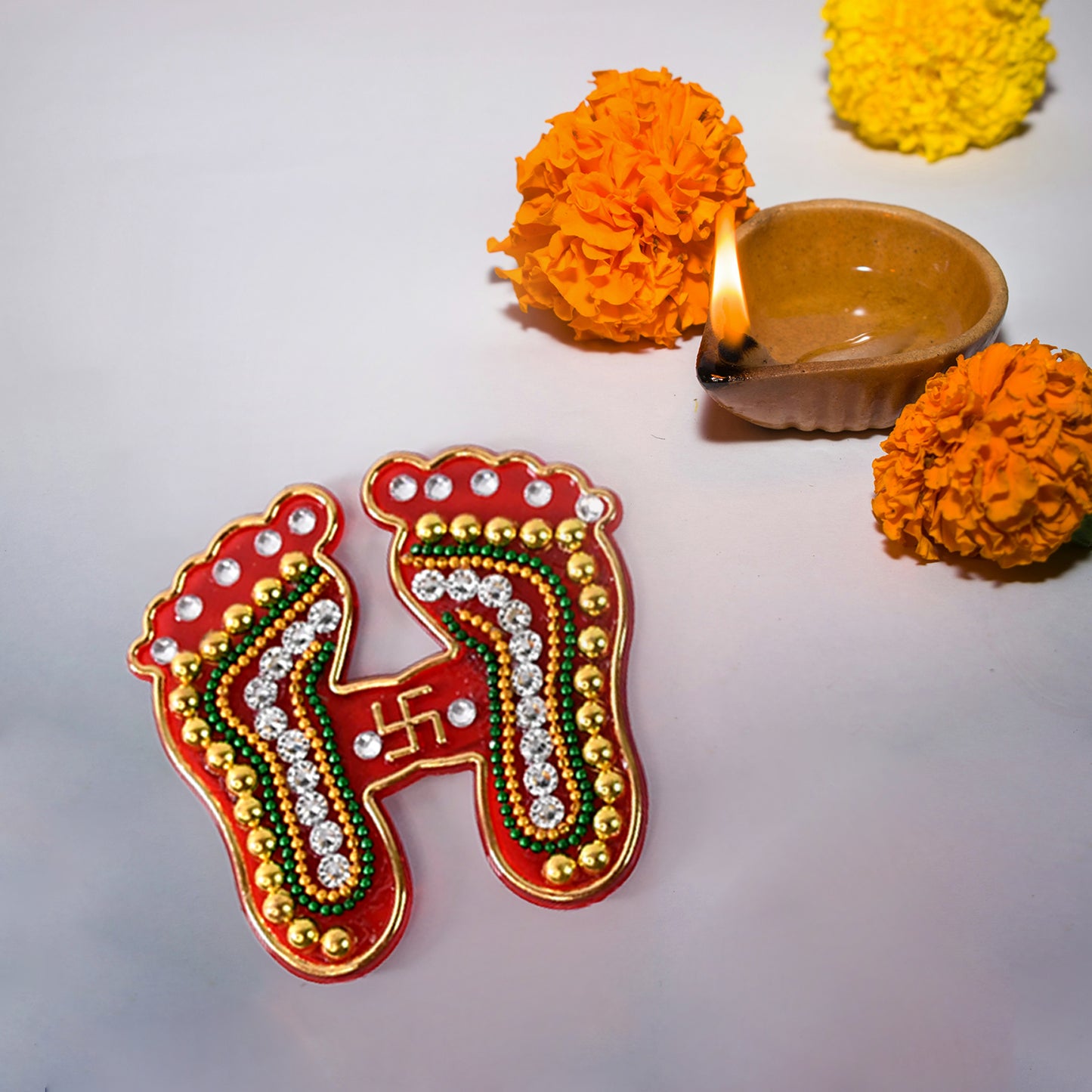 Decorative Lakshmi Charan Paduka Sticker Set with Bead and Stone Work for Diwali, Pooja, Home, Temple, Floor and Wall Decoration Pack of 2