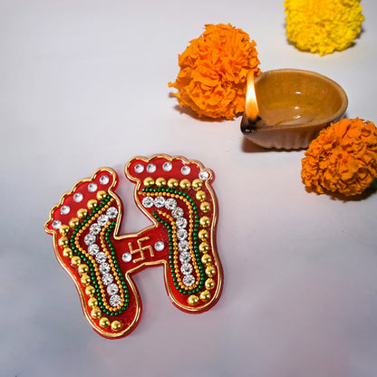 Decorative Lakshmi Charan Paduka Sticker Set with Bead and Stone Work for Diwali, Pooja, Home, Temple, Floor and Wall Decoration Pack of 2